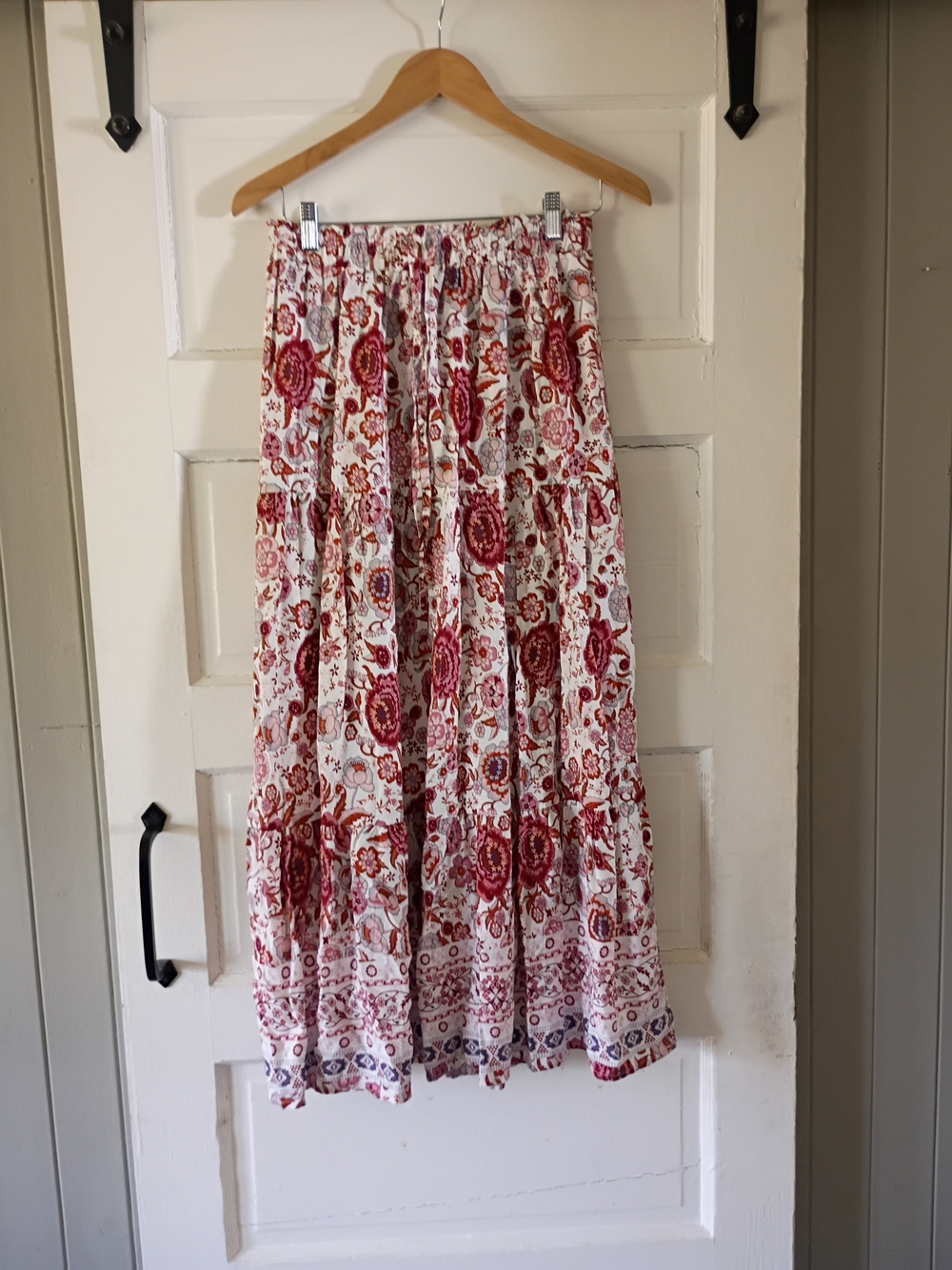 Red Floral Tiered Maxi Skirt - White Base